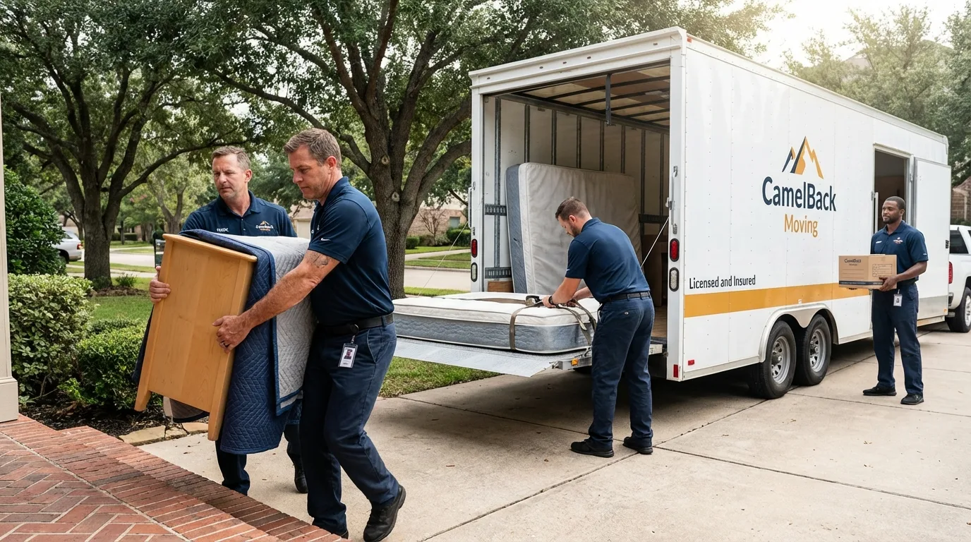 Crew loading residential truck for cross-state move from Clearlake, CA