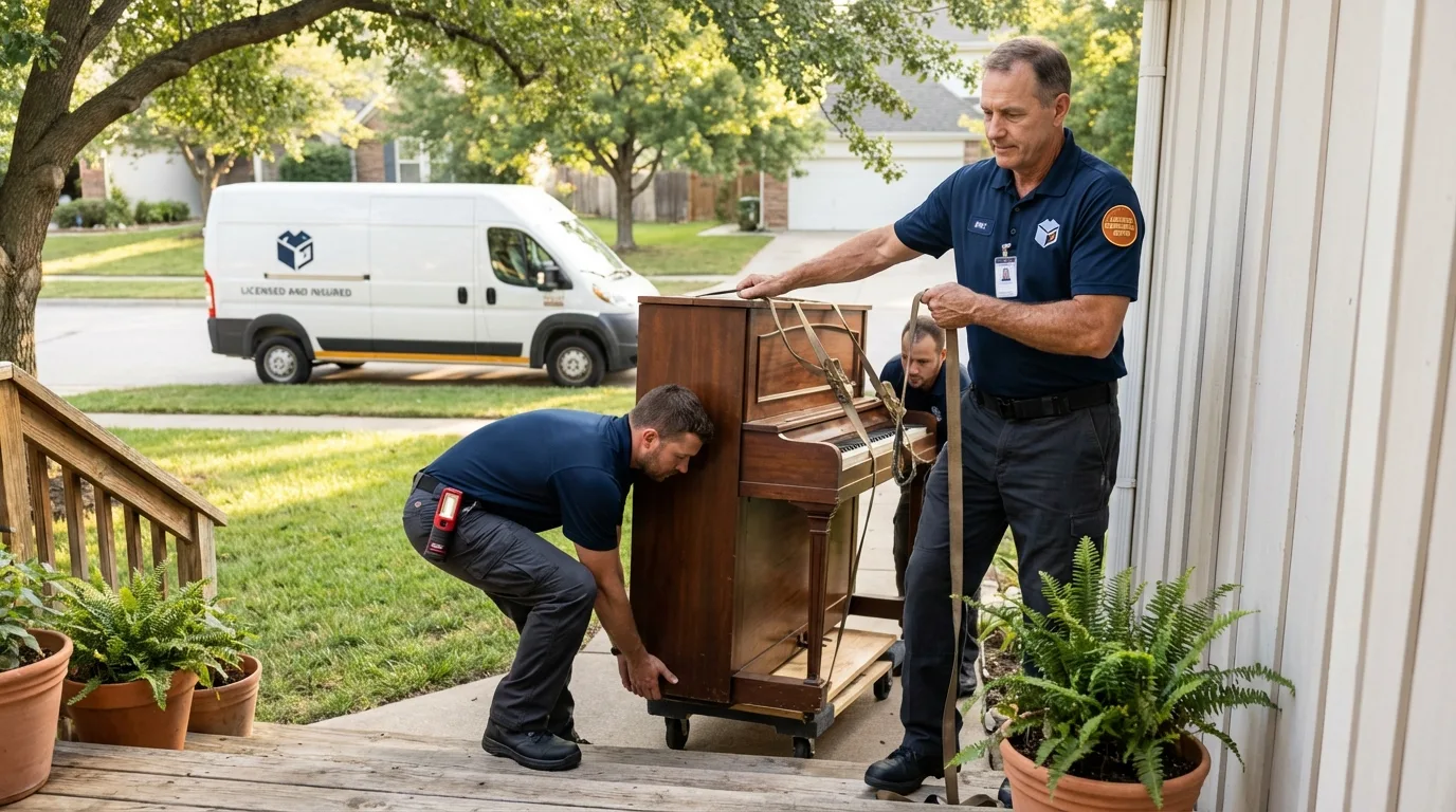 Licensed piano movers securing grand piano in Clearlake, CA