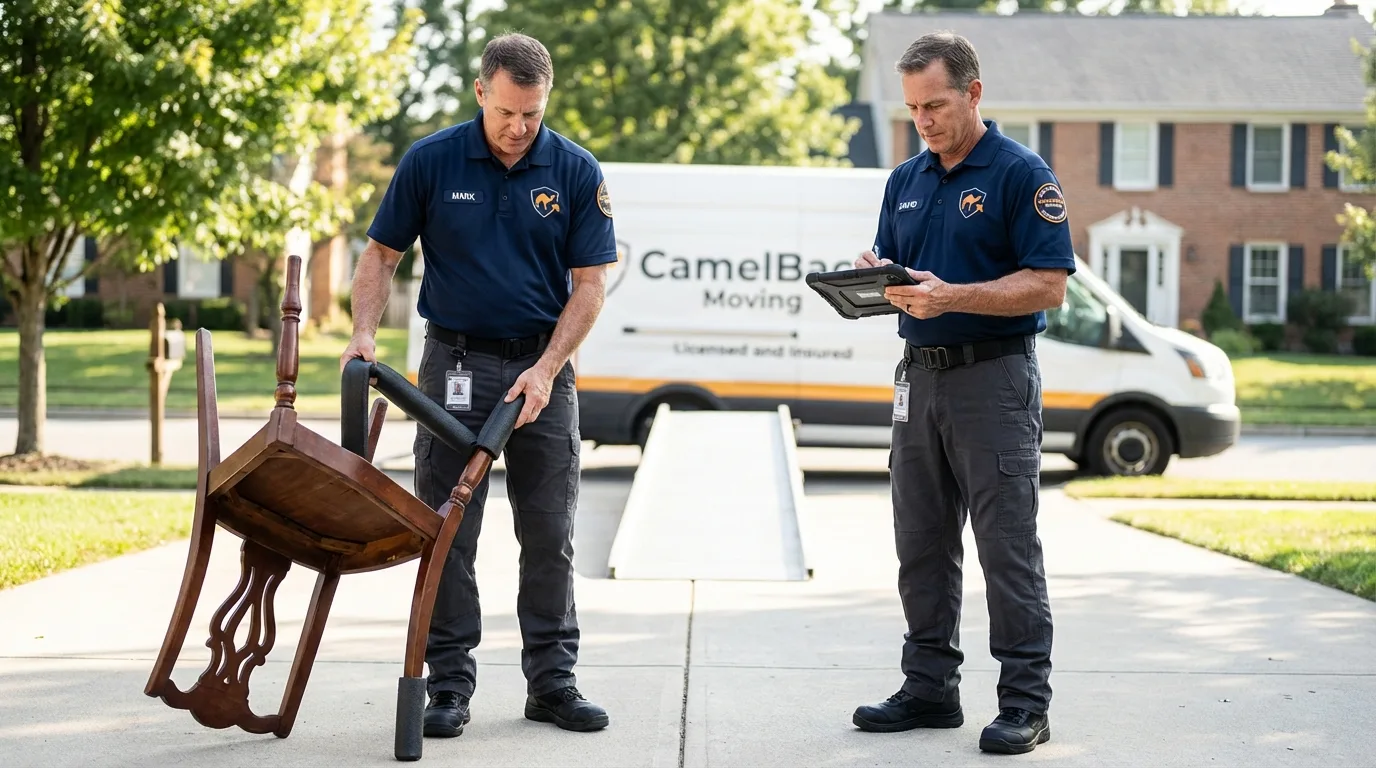 Movers inspecting furniture for damage prevention before loading in Clearlake, CA