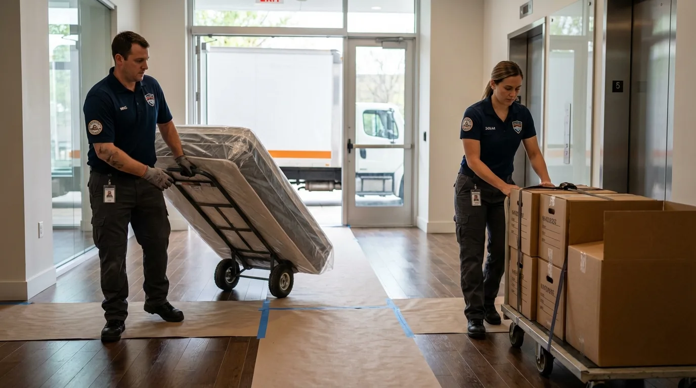 Professional apartment movers loading elevator in Clearlake, CA